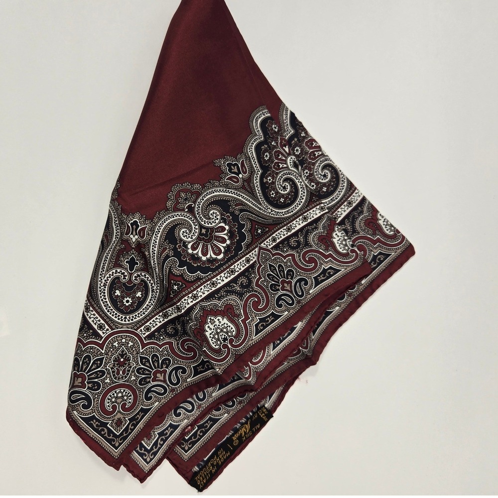 Ashear Silk Pocket Square Burgundy Navy Paisley Hand Rolled Made in Italy